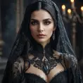 Alluring portrait of a beautiful raven black haired veiled vampire in the style of Stefan Kostic, 8k, High Definition, Highly Detailed, Intricate, Half Body, Realistic, Sharp Focus, Fantasy, Elegant