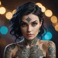 Matte portrait of Morgana with tattoos, Highly Detailed, Alluring, Bokeh effect, Sharp Focus, Volumetric Lighting