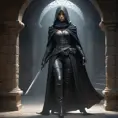 Full body matte portrait of a beautiful veiled armed female Assassin in a dungeon, Gothic and Fantasy, Volumetric Lighting, Fantasy, Threatening by Stanley Artgerm Lau