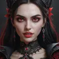 A beautiful romanian vampire woman with penetrating red bright eyes, long fangs, perfect face, 8k, Hyper Detailed, Intricate Details, Masterpiece, Contemporary, Full Body, Trending on Artstation, Gothic, Deviantart, Concept Art by WLOP