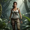 Full body portrait of a beautiful armed Lara Croft emerging from the jungle, Highly Detailed, Intricate, Sharp Focus, Volumetric Lighting, Fantasy, Elegant, Threatening by Greg Rutkowski