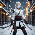 Mysterious beautiful white kunoichi ninja wearing black, red and gold in the streets of a dark snowy town in russia, Intricate Details, Bokeh effect, Photo Realistic, Volumetric Lighting by Stefan Kostic