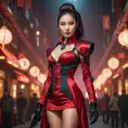 A dangerously armed asian feme fatale in silk red dress at a masquerade ball, Cybernatic and Sci-Fi, Cyberpunk, Sci-Fi