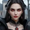 A beautiful romanian vampire woman with penetrating red bright eyes, long fangs, perfect face, 8k, Hyper Detailed, Intricate Details, Masterpiece, Contemporary, Full Body, Trending on Artstation, Gothic, Deviantart, Concept Art by WLOP