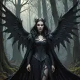 Winged vampiress in a haunted forest, Highly Detailed, Intricate, Gothic, Volumetric Lighting, Fantasy, Dark by Stanley Artgerm Lau