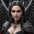 A beautiful winged romanian vampire woman with penetrating eyes, fangs, perfect face, 8k, Hyper Detailed, Intricate Details, Masterpiece, Contemporary, Full Body, Trending on Artstation, Gothic, Deviantart, Concept Art by Stefan Kostic