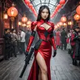 A dangerously armed asian feme fatale in silk red dress at a masquerade ball, Cybernatic and Sci-Fi, Cyberpunk, Sci-Fi