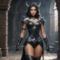 Alluring matte full body portrait of a beautiful Irelia with piercing eyes, wearing black leather in a dungeon, 8k, Highly Detailed, Intricate, Realistic, Sharp Focus, Volumetric Lighting, Fantasy, Elegant by Stanley Artgerm Lau, WLOP