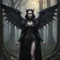 Winged vampiress in a haunted forest, Highly Detailed, Intricate, Gothic, Volumetric Lighting, Fantasy, Dark by Stanley Artgerm Lau