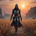 Female assassin creed emerging from a batte field. Sky is colored by a red sun set., Dystopian, Trending on Artstation, Volumetric Lighting