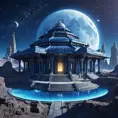 Cosmic round beautiful indigo temple in the center of a futuristic community. Extraterrestrial landscape. Planet sirius. The moon and stars can be seen in the sky even during the day., Sci-Fi, Volumetric Lighting, Vibrant Colors by Greg Rutkowski