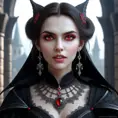 A beautiful romanian vampire woman with penetrating red bright eyes, long fangs, perfect face, 8k, Hyper Detailed, Intricate Details, Masterpiece, Contemporary, Full Body, Trending on Artstation, Gothic, Deviantart, Concept Art by WLOP