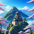 Landscape of a large japanese castle in the tall mountains, with matsu pine trees, with sakura cherry trees, Highly Detailed, Beautiful, Digital Painting, Anime, Fantasy by Studio Ghibli