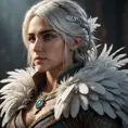 Matte portrait of the beautiful Ciri with feathers, Highly Detailed, Intricate, Realistic, Sharp Focus, Volumetric Lighting, Fantasy, Elegant