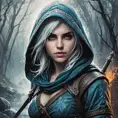 Hooded Ciri from the Witcher emerging from the fog of war, ink splash, Highly Detailed, Vibrant Colors, Ink Art, Fantasy, Dark by Stanley Artgerm Lau