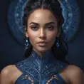 Matte portrait of the beautiful Samira in dark blue, 8k, Highly Detailed, Intricate, Realistic, Sharp Focus, Volumetric Lighting, Fantasy, Elegant by Stanley Artgerm Lau, WLOP, Stefan Kostic