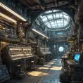 futuristic antique shop, 8k, Dystopian, High Definition, Highly Detailed, Hyper Detailed, Intricate, Intricate Artwork, Intricate Details, Ultra Detailed, Cgsociety, Cybernatic and Sci-Fi, Post-Apocalyptic, Biomechanical, Biopunk, Cassette Futurism, Cyberpunk, Futuristic, Lunarpunk, Pixiecore, Sci-Fi, Science Fiction, Solarpunk, Sparklecore, Unimaginable Beauty, Voidpunk, Matte Painting, Sharp Focus by Stefan Kostic