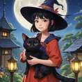 Kiki the witch and Jiji the cat, Highly Detailed, Beautiful, Digital Painting, Anime, Fantasy by Studio Ghibli