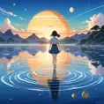 Anime girl walking on water, ripples, backdrop of dawn, saturn in the background, Highly Detailed, Beautiful, Digital Painting, Anime, Fantasy by Studio Ghibli