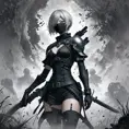 Silhouette of Nier Automata emerging from the fog of war, ink splash, Highly Detailed, Vibrant Colors, Ink Art, Fantasy, Dark by Stanley Artgerm Lau