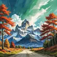 painting of evening sky, low thunder clouds foothpath with trees at indian summer with zugspitze fitz roy in background, colours green, red, blue black and white, acuarela, Highly Detailed, Beautiful, Digital Painting, Anime, Fantasy by Studio Ghibli