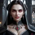 A beautiful romanian vampire woman with penetrating red bright eyes, long fangs, perfect face, 8k, Hyper Detailed, Intricate Details, Masterpiece, Contemporary, Full Body, Trending on Artstation, Gothic, Deviantart, Concept Art by WLOP