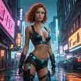 full body shot, beautiful woman walking with beatiful and detailed eyes, dynamic pose, slightly athletic beatiful body, medium-sized chest, detailed attire, Hyper Detailed, Intricate Artwork, Masterpiece, Cybernatic and Sci-Fi, Cyberpunk, Freckles, Full Lips, Red Hair, Smiling, Digital Illustration, Cityscape, Blade Runner 2049, Neon light effect, Realistic, Sharp Focus, Wide Angle, Neon, Dripping Colors, Matte, Futurism, Artwork, Dieselpunk, Colorful, Dynamic, Elegant, Expressive, Graceful, Hot, Gloomy, Sad, Stormy, Terrifying, Tired