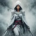 White hooded female assassin emerging from the fog of war, Highly Detailed, Vibrant Colors, Ink Art, Fantasy, Dark by Aliza Razell