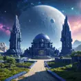 Cosmic round beautiful indigo temple in the center of a futuristic community. Extraterrestrial landscape. Planet sirius. The moon and stars can be seen in the sky even during the day., Sci-Fi, Volumetric Lighting, Vibrant Colors by Greg Rutkowski