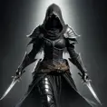 Full body portrait of a Veiled female Assassin with daggers, Highly Detailed, Dark Souls, Volumetric Lighting, Fantasy, Threatening