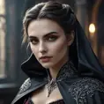 Alluring highly detailed matte portrait of a beautiful caped vampire in the style of Stefan Kostic, 8k, High Definition, Highly Detailed, Intricate, Half Body, Realistic, Sharp Focus, Fantasy, Elegant