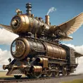 A futuristic hybrid of a steam engine train and a DaVinci flying machine, Steampunk