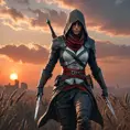 Female assassin creed emerging from a batte field. Sky is colored by a red sun set., Dystopian, Trending on Artstation, Volumetric Lighting