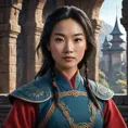 Matte portrait of Mulan inside a castle, Ultra Detailed, Half Body, Beautiful, Matte Painting, Sharp Focus, Portrait, Fantasy by Stefan Kostic