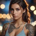 A half body portrait of a beautiful Kassandra with tattoos, Alluring, Half Body, Bokeh effect, Photo Realistic, Sharp Focus, Volumetric Lighting