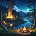 matte painting of a camp fire in the forest at night, Highly Detailed, Beautiful, Digital Painting, Anime, Fantasy by Studio Ghibli