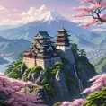 Landscape of a large japanese castle in the tall mountains, with matsu pine trees, with sakura cherry trees, Highly Detailed, Beautiful, Digital Painting, Anime, Fantasy by Studio Ghibli