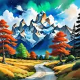 painting of evening sky, low thunder clouds foothpath with trees at indian summer with zugspitze fitz roy in background, colours green, red, blue black and white, acuarela, Highly Detailed, Beautiful, Digital Painting, Anime, Fantasy by Studio Ghibli