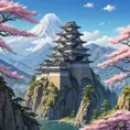 Landscape of a large japanese castle in the tall mountains, with matsu pine trees, with sakura cherry trees, Highly Detailed, Beautiful, Digital Painting, Anime, Fantasy by Studio Ghibli