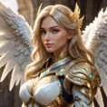 Alluring portrait of an angelic winged Kayle from League of Legends, 8k, Highly Detailed, Half Body, Photo Realistic, Sharp Focus, Octane Render, Unreal Engine, Volumetric Lighting, Fantasy by Stanley Artgerm Lau, Alphonse Mucha, WLOP