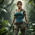 Full body portrait of a beautiful armed Lara Croft emerging from the jungle, Highly Detailed, Intricate, Sharp Focus, Volumetric Lighting, Fantasy, Elegant, Threatening by Greg Rutkowski