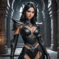 Alluring matte full body portrait of a beautiful Irelia with piercing eyes, wearing black leather in a dungeon, 8k, Highly Detailed, Intricate, Realistic, Sharp Focus, Volumetric Lighting, Fantasy, Elegant by Stanley Artgerm Lau, WLOP