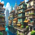 Buildings and homes of a maximalism fantasy city, Highly Detailed, Beautiful, Digital Painting, Anime, Fantasy by Studio Ghibli