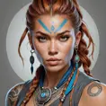 Colorful portrait of a tattooed Aloy with a grey scale face, 4k, Highly Detailed, Hyper Detailed, Powerful, Artstation, Vintage Illustration, Digital Painting, Sharp Focus, Smooth, Concept Art by Stanley Artgerm Lau, Alphonse Mucha, Greg Rutkowski