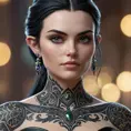 Close up of Morgana with tattoos, 8k, Highly Detailed, Artstation, Bokeh effect, Sharp Focus, Volumetric Lighting, Concept Art by Stanley Artgerm Lau, Greg Rutkowski