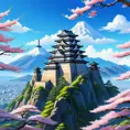 Landscape of a large japanese castle in the tall mountains, with matsu pine trees, with sakura cherry trees, Highly Detailed, Beautiful, Digital Painting, Anime, Fantasy by Studio Ghibli