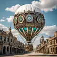 White steampunk hot air balloon with gears, Victorian style Ancient buildings, archeological ruins of lost civilizations and technology, Steampunk, Iridescence