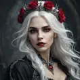 Alluring highly detailed matte portrait of a beautiful white haired vampire with a rose thorn crown in the style of Stefan Kostic, 8k, High Definition, Highly Detailed, Intricate, Half Body, Realistic, Sharp Focus, Fantasy, Elegant