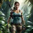 Full body portrait of a beautiful armed Lara Croft emerging from the jungle, Highly Detailed, Intricate, Sharp Focus, Volumetric Lighting, Fantasy, Elegant, Threatening by Greg Rutkowski