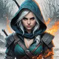 Hooded Ciri from the Witcher emerging from the fog of war, ink splash, Highly Detailed, Vibrant Colors, Ink Art, Fantasy, Dark by Stanley Artgerm Lau